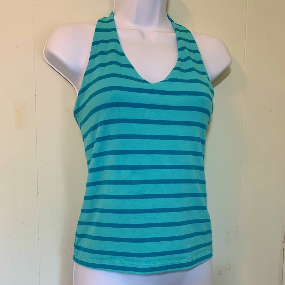 New York & Company Blue Striped Womens V-Neck Halter/ Tank-top Size Small
